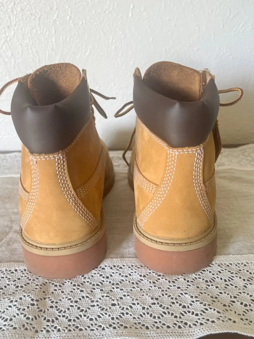 Timberland 6-Inch Premium Waterproof Boots in Wheat Nubuck color, boys size 3.